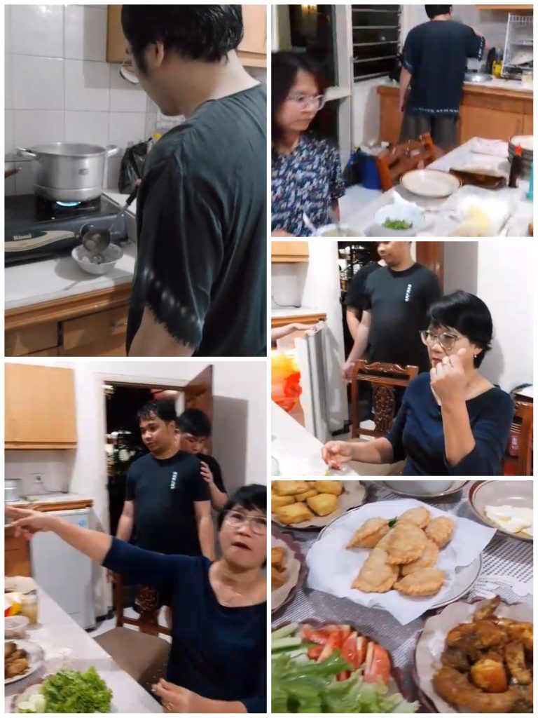 Tamu keluarga memasak bersama di dapur Villa Giri Kembang